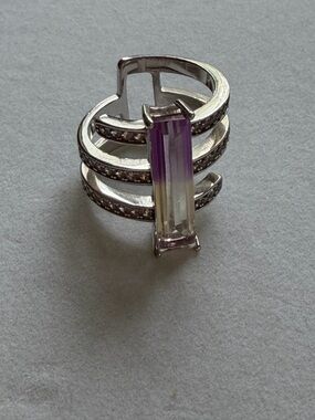 Sterling Silver Ring with Purple-to-light yellow Gradient Stone and CZ. Size 7
